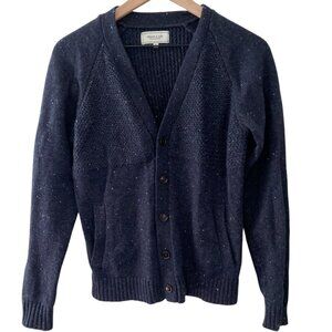 Frank & Oak Heavy Wool Cardigan Navy Blue with Brown Elbow Patches